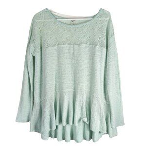 Free People Womens Knit Lace Top Ruffled Hem Sm Mint Green Long Sleeve Kristobel